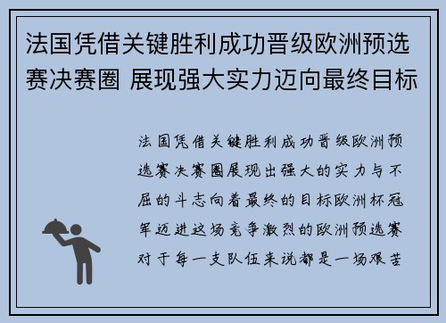 法国凭借关键胜利成功晋级欧洲预选赛决赛圈 展现强大实力迈向最终目标