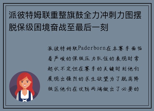 派彼特姆联重整旗鼓全力冲刺力图摆脱保级困境奋战至最后一刻